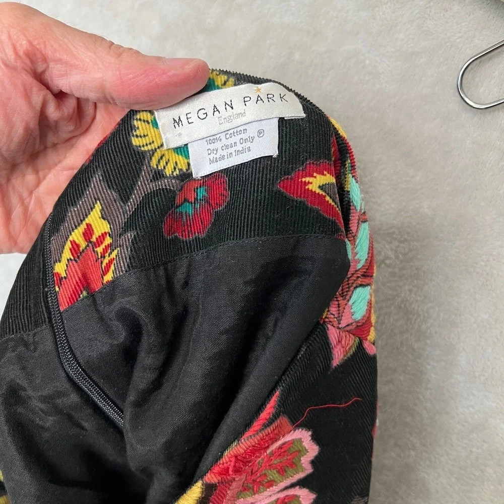 Megan Park‎ England Skirt Womens Corduroy Black Embroidered Boho Floral Y2K